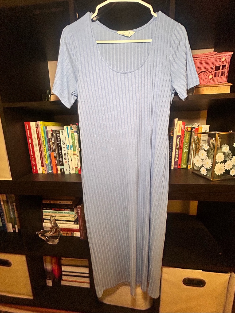 Y2K Light Blue Ribbed Scoop-Neck Maxi Dress Size Medium BodyCon Fit